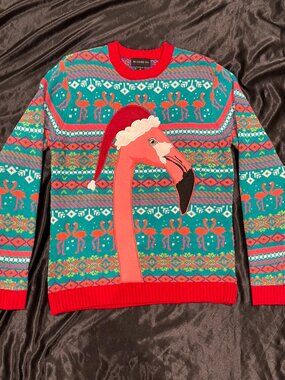 Ugly Christmas Sweater Flamingo Santa Tropical Florida Medium merry holiday